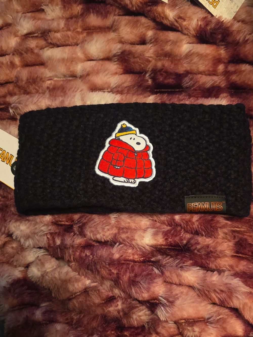 Peanuts Black Knit Kids Headband with Red Snoopy Patch